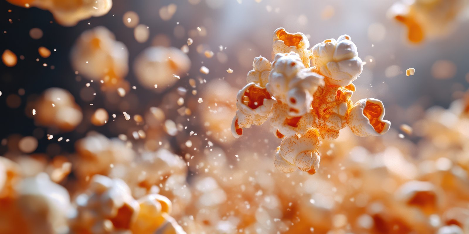 Popcorn kernels bursting and floating in the air during lively snack preparation